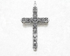 Cross Pendant Antique Vintage Carved 925 Sterling Silver 2.7 Inches Long picture