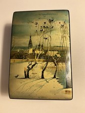 VTG RUSSIAN FEDOSKINO LACQUER WOOD BOX HAND PAINTED~ROOKS ARE RETURNED~SIGNED picture