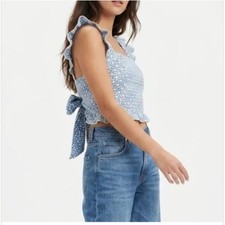Kirious Los Angeles Blue Floral Eyelet Ruffle Tie Back Crop Top NWT XS picture