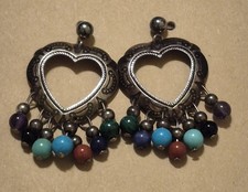 Vintage Quoc Turquoise Q.T. Sterling Silver Multistone Heart Dangle Earrings picture