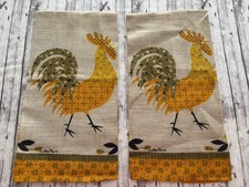 NEW Vintage MCM 60s Linen Tea Kitchen Towels Rooster Chicken PAIR picture