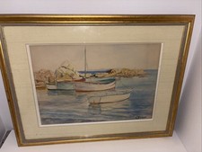 Antique Léon Garraud Framed Watercolor Boats In Harbor Signed 18” x 14” picture