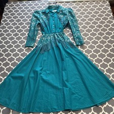 Vintage Lilia Smitty Teal Fringe Western dress Fringe Silver Studs Cowgirl SZ 10 picture