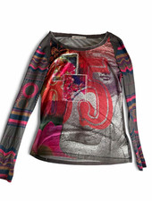 Cache Cache Women's Multicolor/Gray Graphic Print Embroidered Tee Long Sleeve M picture