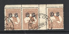 AUSTRALIA 1932 6D BROWN OPT OS GUTTER STRIP OF 3. SG 0127 . FINE . SCARCE. picture