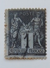 France 1877- 1c black stamp Peace and Commerce Scott 87 perf. touching design picture