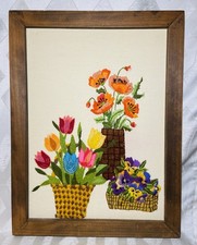 Vintage Floral Crewel Embroidery Wall Art Framed Cottagecore 21x16” picture