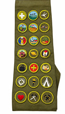 21 Vintage Type E 1947-1960 Boy Scouts Merit Badges sewn onto sash.  picture