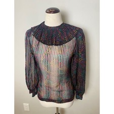 Vintage 70s College Town Sheer Neon Floral Pleated Ruffle Collar Blouse Black picture
