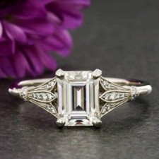 1.75Ct White Emerald Cut Moissanite Vintage Style Engagement Ring 14k White Gold picture