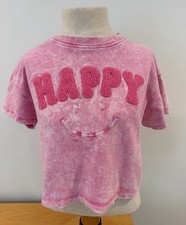 Vintage Havana Pink Acid Wash Happy Smiley Face Crop T-Shirt L/14 Teen Girls picture