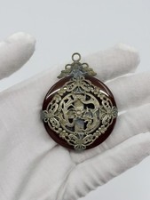 Vintage Chinese Red Jade Dragon Phoenix Pendant Miao Style Metalwork picture