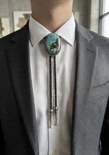 Turquoise Bolo Tie/ Agate Style Turquoise Cabochon Bolo Tie/ Black Leather Cord picture