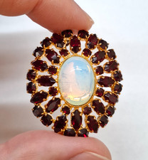 Vintage Czech Bohemian Garnet Red Glass Faux Opal Fire Brooch Pin West Germany picture