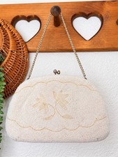 1960 Vintage Penneys Beaded Purse Made in Japan Ivory Floral Evening Clutch Bag picture