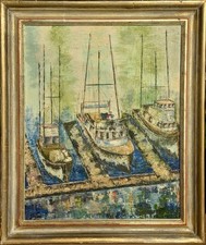 Large Mid-Century Modern Impasto Expressionist Harbor Boats Painting, Signed Oil picture