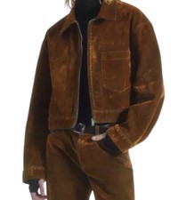 COS Oversized Flocked Denim Jacket Collared Zip Womens Size 6 Rust Brown picture