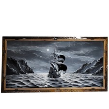 Vintage Felix Signed Black Velvet Pirate Ship Painting Mexico Carved Wood Frame picture