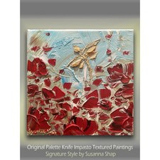 ORIGINAL small oil painting, dragonfly, red poppy landscape Textured art 8x8” picture