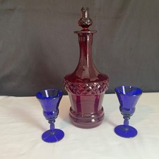 New Martinsville Lady Astor Ruby Glass Decanter Cobalt Cocktails Set of 3 picture