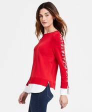 Jones New York Women's Embellished-Sleeve Shirttail Top Red Size L $100 NEW picture