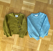 Zara Girls 8-9 Green Cotton Knit V-Neck Button Cardigan Sweater and Blue Cotton picture
