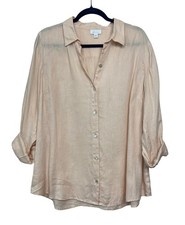 J. Jill Love Linen 100% Linen Button Front Roll Tab Sleeve Shirt Pink L picture