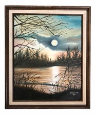 Vintage Landscape Mood Painting Full Moon Over Water Clouds Original Canvas Art picture