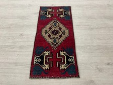 Vintage Turkish Hand Knotted Wool Small Runner Rug 1.4x3 Ft Red Blue Oushak Rug picture