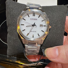 Citizen Eco-Drive Men's Quartz Date White Dial SS Silver Bracelet Box Manual picture