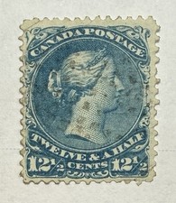 Canada #28 1868 12 1/2c blue “Large Queen” Used/VF, creases; $160 UCV picture