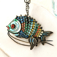 Vintage Sterling Silver Articulated Cloisonné Koi Fish Enamel Pendant Necklace picture