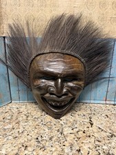 Handcarved Wooden Ox Hair Mask Spooky Demon Wall Art African Indigenous Tribal picture
