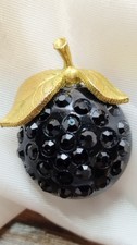 Vtg Forbidden Fruit Brooch Black Lucite Rhinestone Berry Pin Mid Century Gothic picture