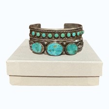 Native American Turquoise Cuff Bracelets, Set of 2, Vintage Navajo, Silver, 6.5