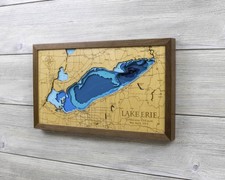 Multilayered Lake Erie Wood Map | Laser Engraved | Hardwood Framed Wall Art picture