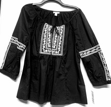 SZ 12 Charter Club Women’s Black/White Floral Embroidered  Peasant Blouse  picture
