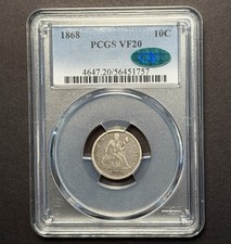1868 Seated Liberty Dime — PCGS VF20 CAC ✅ Original Surfaces  picture