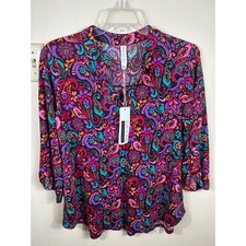 Dear Scarlett Lizzy Top Women M Purple Paisley Wrinkle Free 3/4 Sleeve Eclectic picture