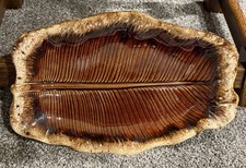 VERY RARE Vintage HULL POTTERY BANANA LEAF PLATTER House Garden Drip Brown 12” picture