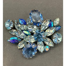 Vintage Signed REGENCY Blue Rhinestone Crystal Floral Brooch Pin 2.5” picture