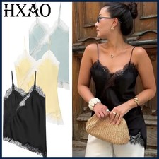 HXAO Asymmetrical Slip Top Women Summer 2025 Y2K Tanks & Camis Lace Black Off picture