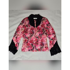 Sylvie & Lily 100% Silk Beaded Lace Blouse | Pink Floral Print | Romantic Top picture