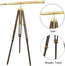 Antique Golden Floor Standing Brass 39 Inch Telescope W/Wooden Tripod Stand picture