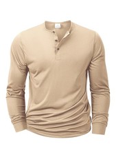 Men's Cotton Henley Shirt Long Sleeve Solid Color Casual Tee New picture