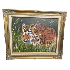 TIGER & CUB IN GRASS ORIGINAL OIL ON BOARD LANDSCAPE PAINTING SIGNED 26x21 picture