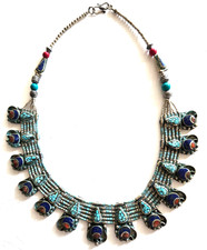 Vintage Nepalese Turquoise Lapis Bib Statement Beaded Tibetan Ethnic Necklace #3 picture