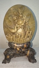 Vintage Antique Chinese Sculpture Soapstone Flower and Bird Plaque with Stand picture