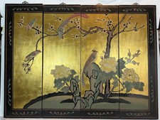 Vintage Japanese 4 Panel Wall Art Gold Birds Flowers Hand Painted Chinoiserie picture