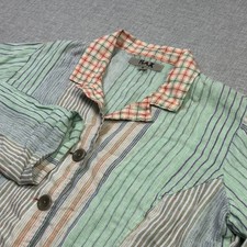FLAX Linen Jacket Womens Small Green Striped Collared Lightweight Buttoned picture